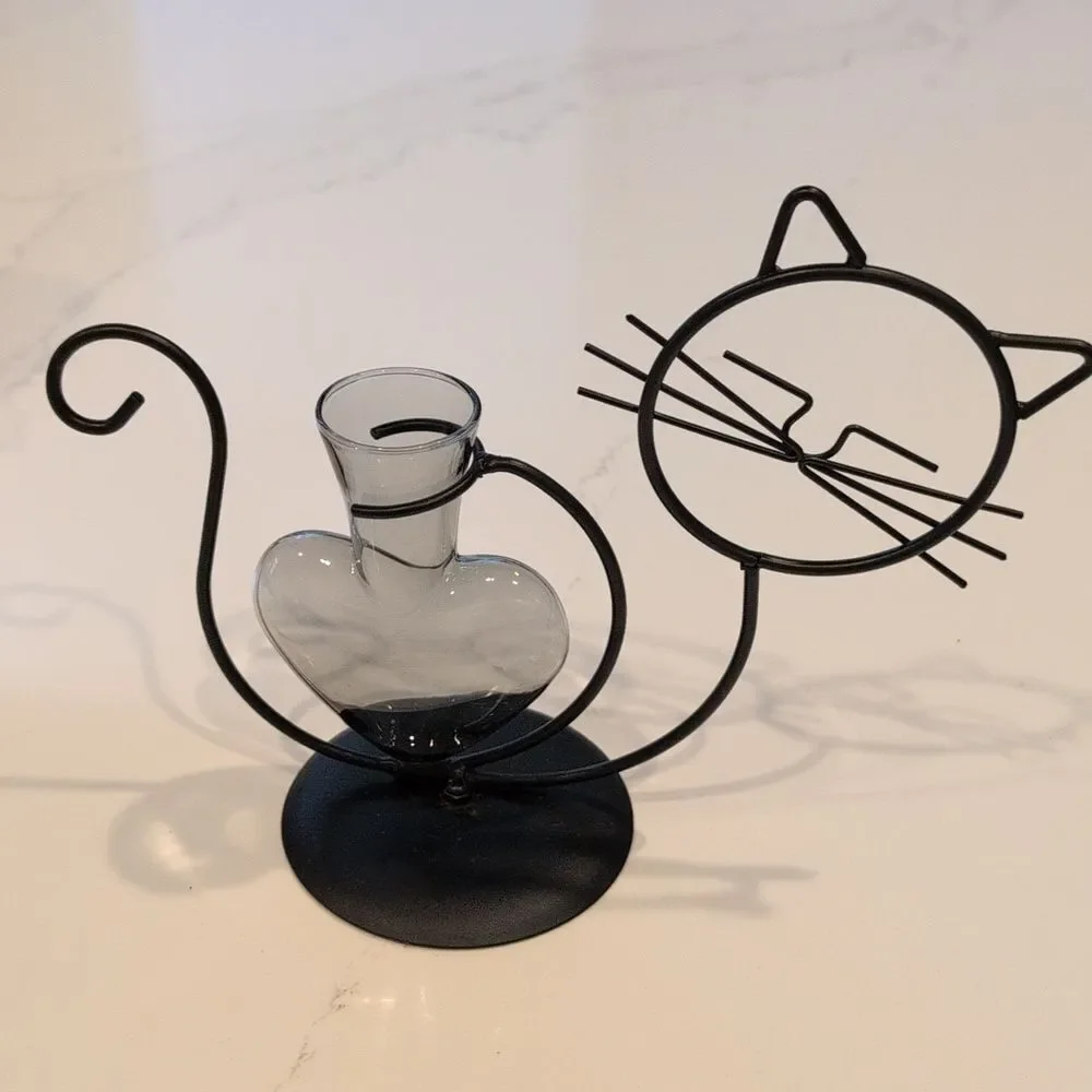Black Wire Cat Hydroponic Desktop Smoky Glass Flower Vase Holder
